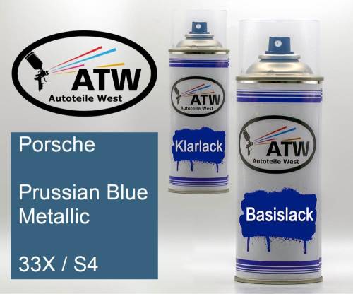 Porsche, Prussian Blue Metallic, 33X / S4: 400ml Sprühdose + 400ml Klarlack - Set, von ATW Autoteile West.